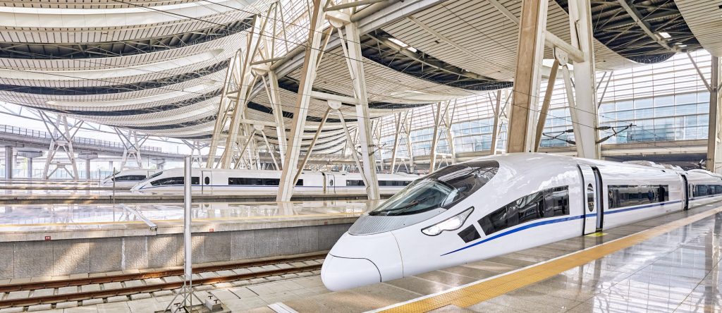 Modern high-speed train at a railway station